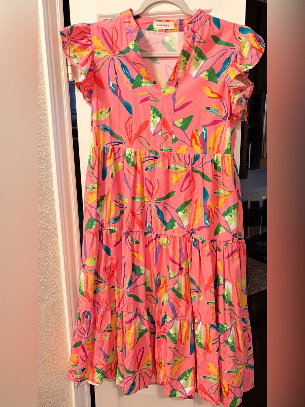 Bright Pink Floral Tiered Midi Dress with Flutter Sleeves - Picture 3 of 9